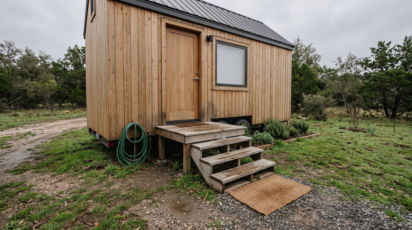 Portable wood steps and a small landing outside a compact tiny house