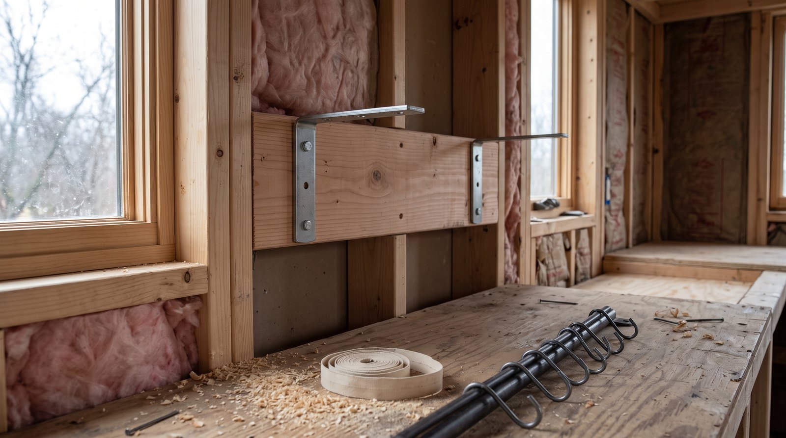 Wood blocking between wall studs for pot rack brackets