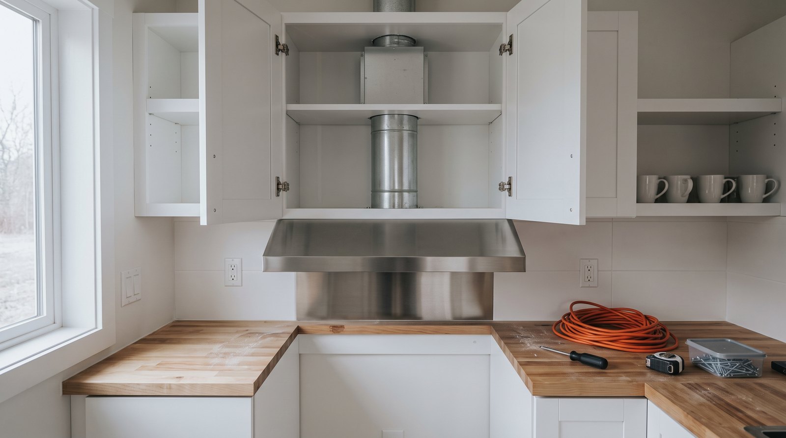 Rigid metal duct installed inside a tiny house kitchen cabinet above a range hood
