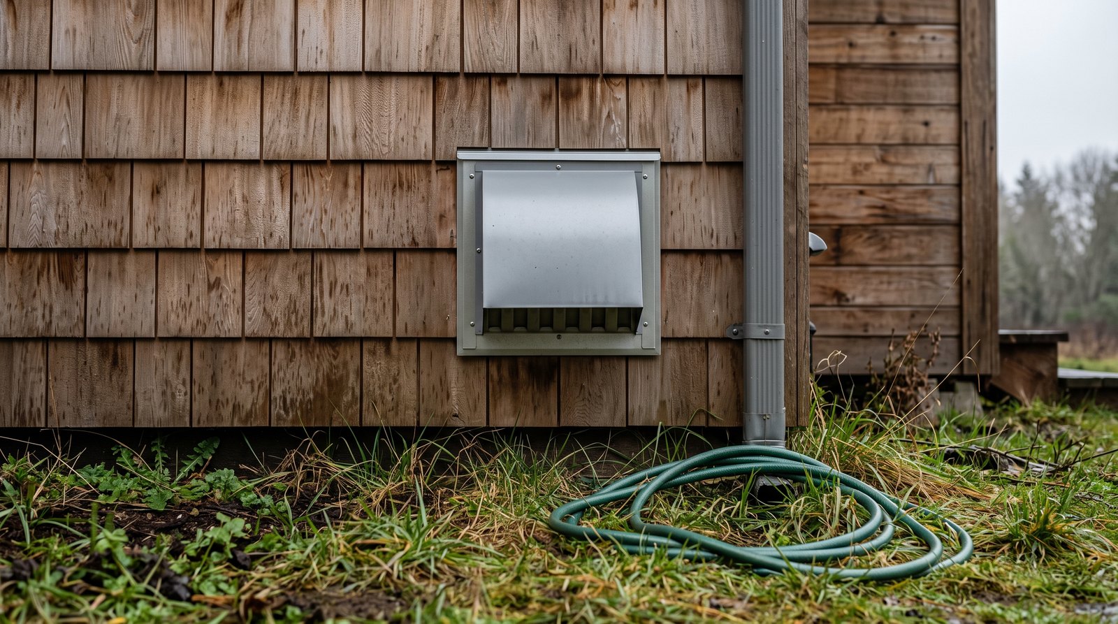 Metal range hood exterior vent cap on a tiny house wall