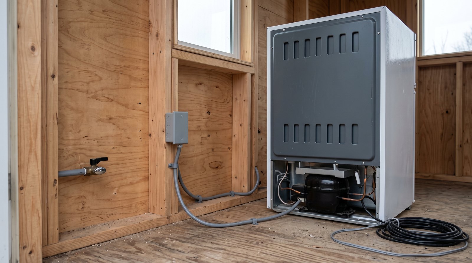 Rear refrigerator ventilation and utility access in an unfinished tiny house