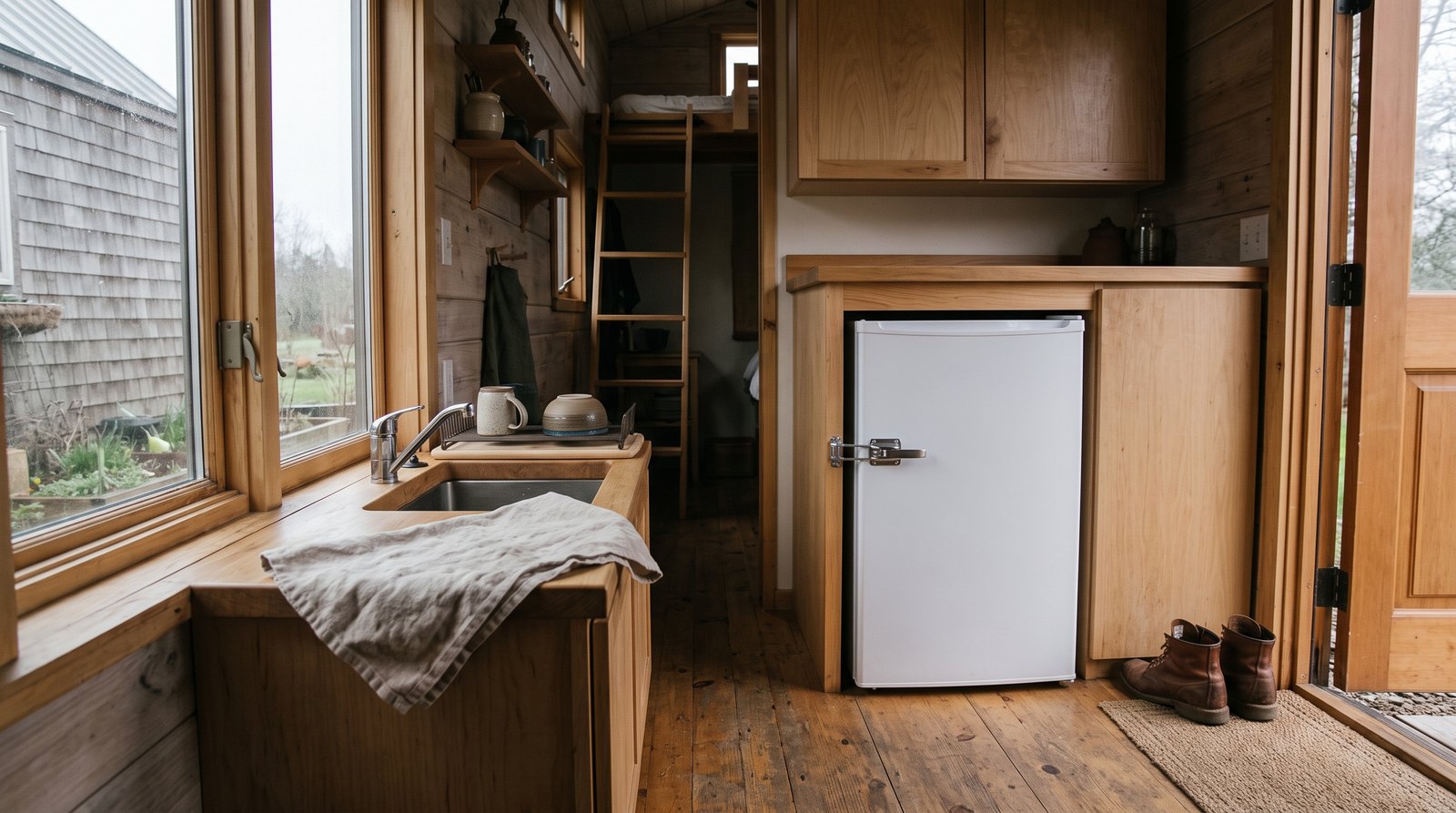 Compact refrigerator with a travel latch inside a tiny house on wheels