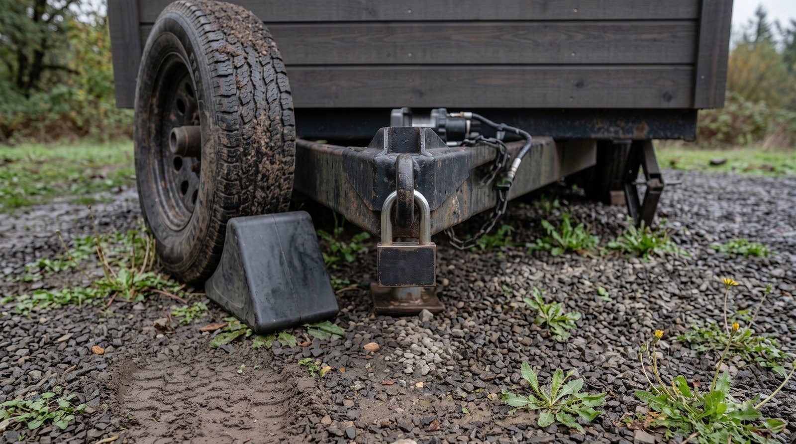 Tiny house trailer coupler lock and wheel chock on damp gravel