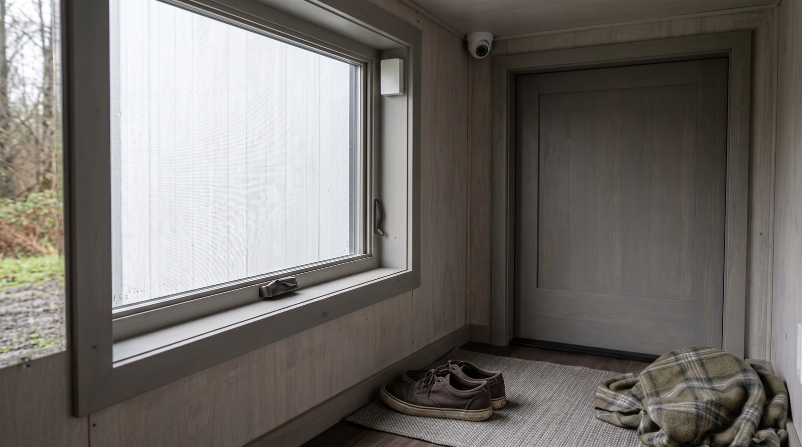 Tiny house window latch, alarm sensor and security camera near the entry