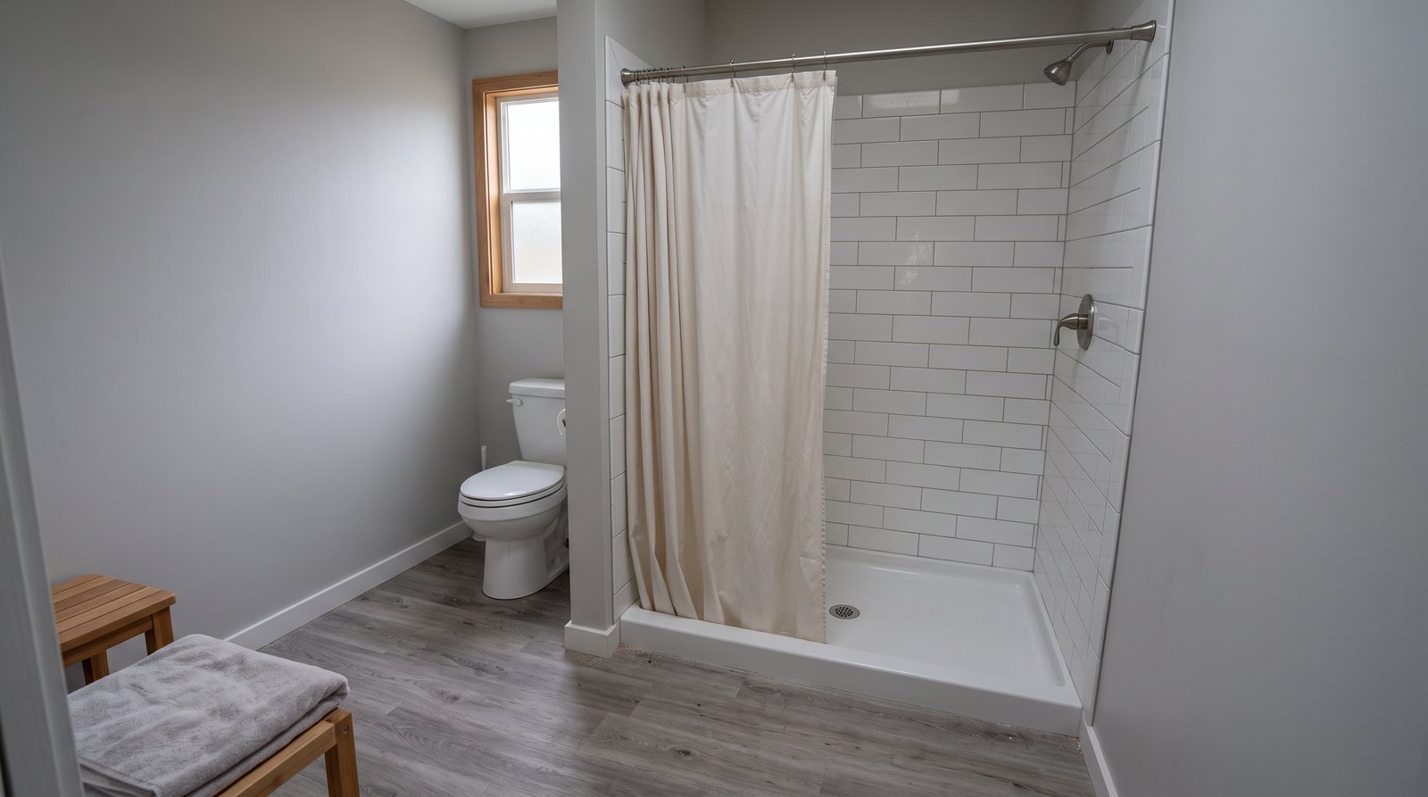 Fabric shower curtain inside a compact tiny house shower pan