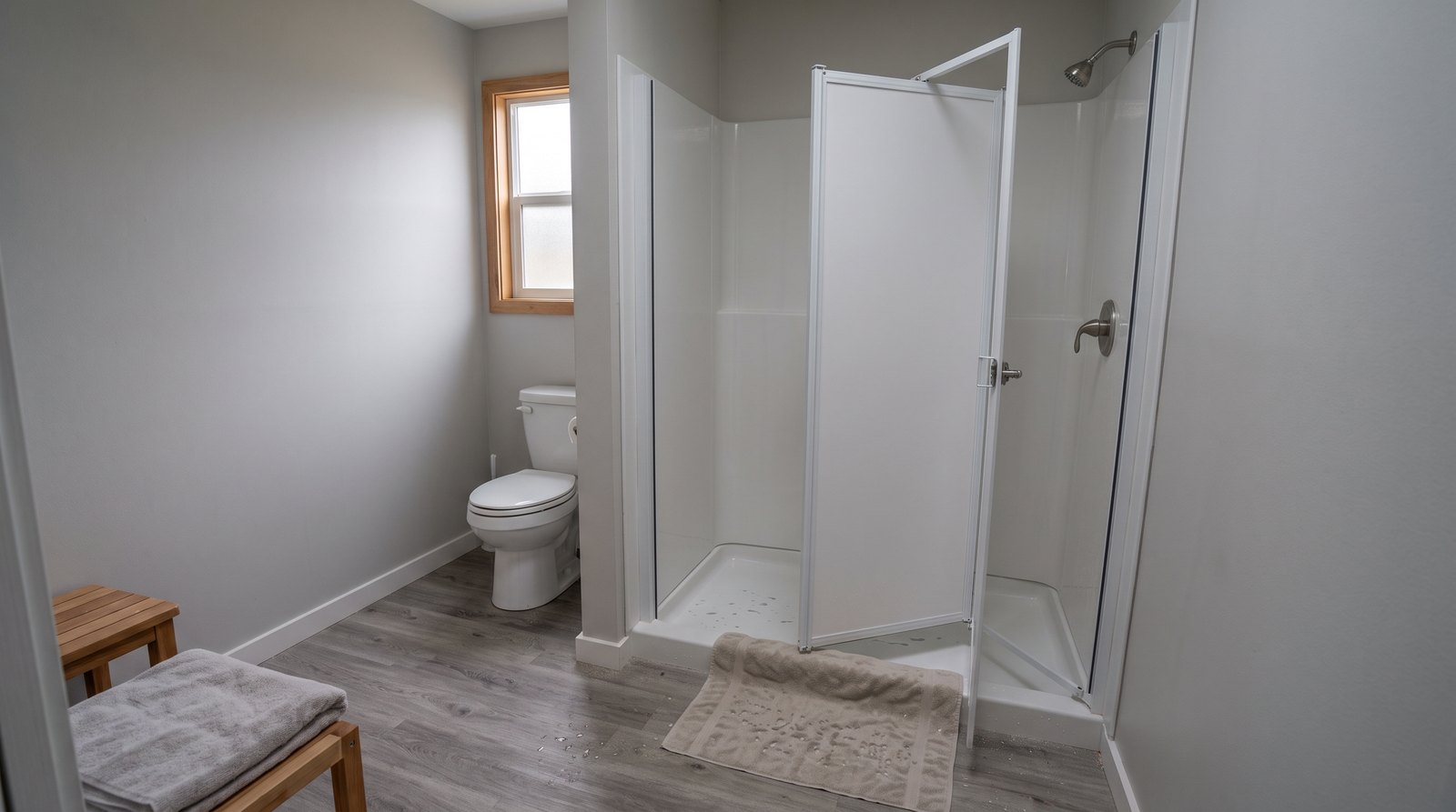 Partly open bifold shower door in a tiny house bathroom