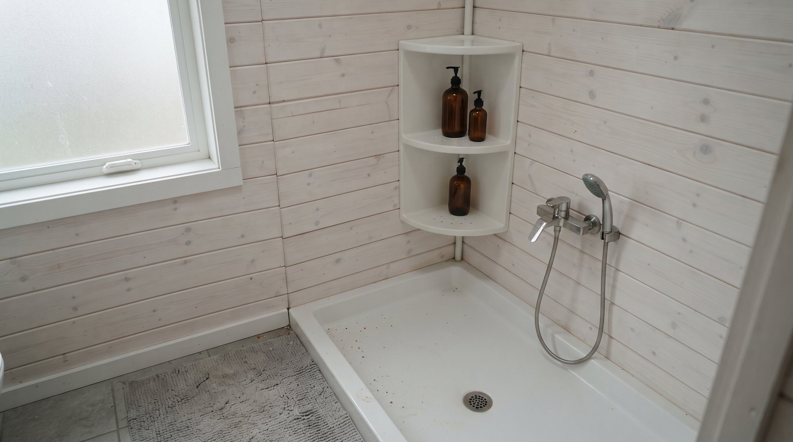 Corner shelves in a compact tiny house shower