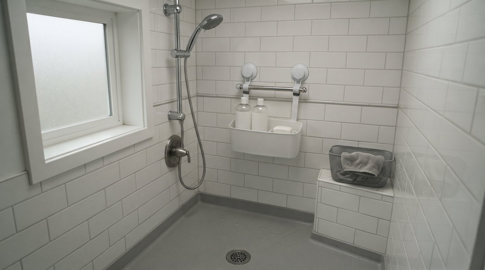 Removable caddy and basket in a tiny house wet bath