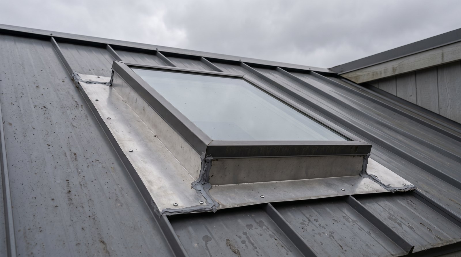 Metal flashing around a skylight on a tiny house roof
