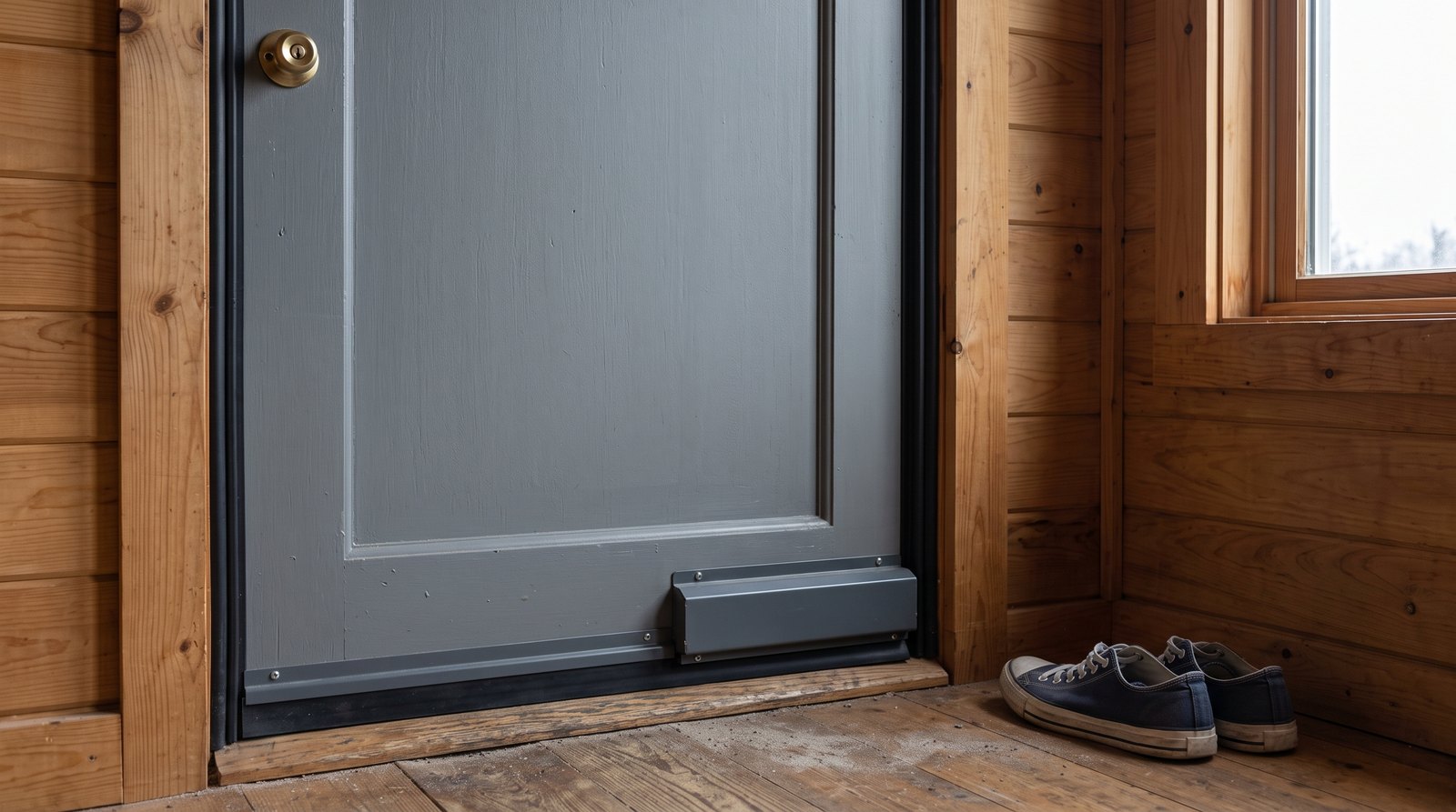 Tiny house exterior door with weather seals and automatic door sweep