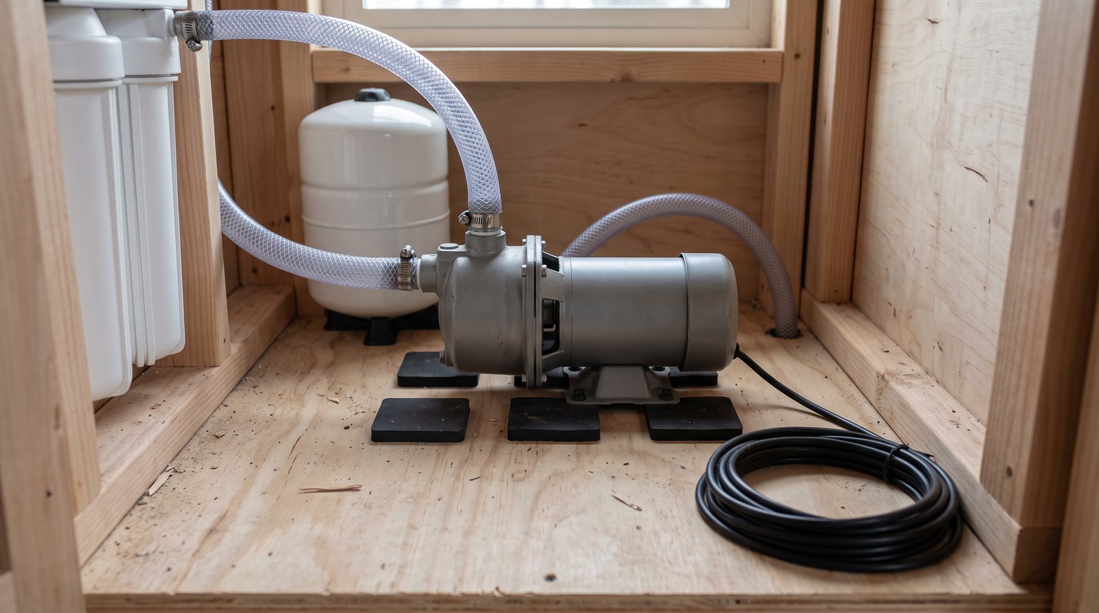 Tiny house water pump mounted on rubber isolation pads