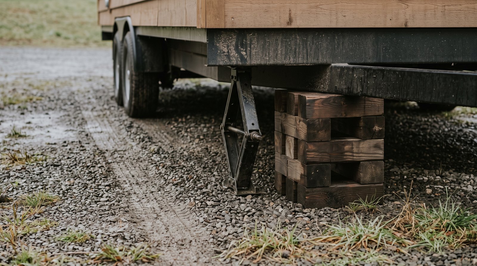 Stabilizer jack and wood cribbing beneath a tiny house trailer frame