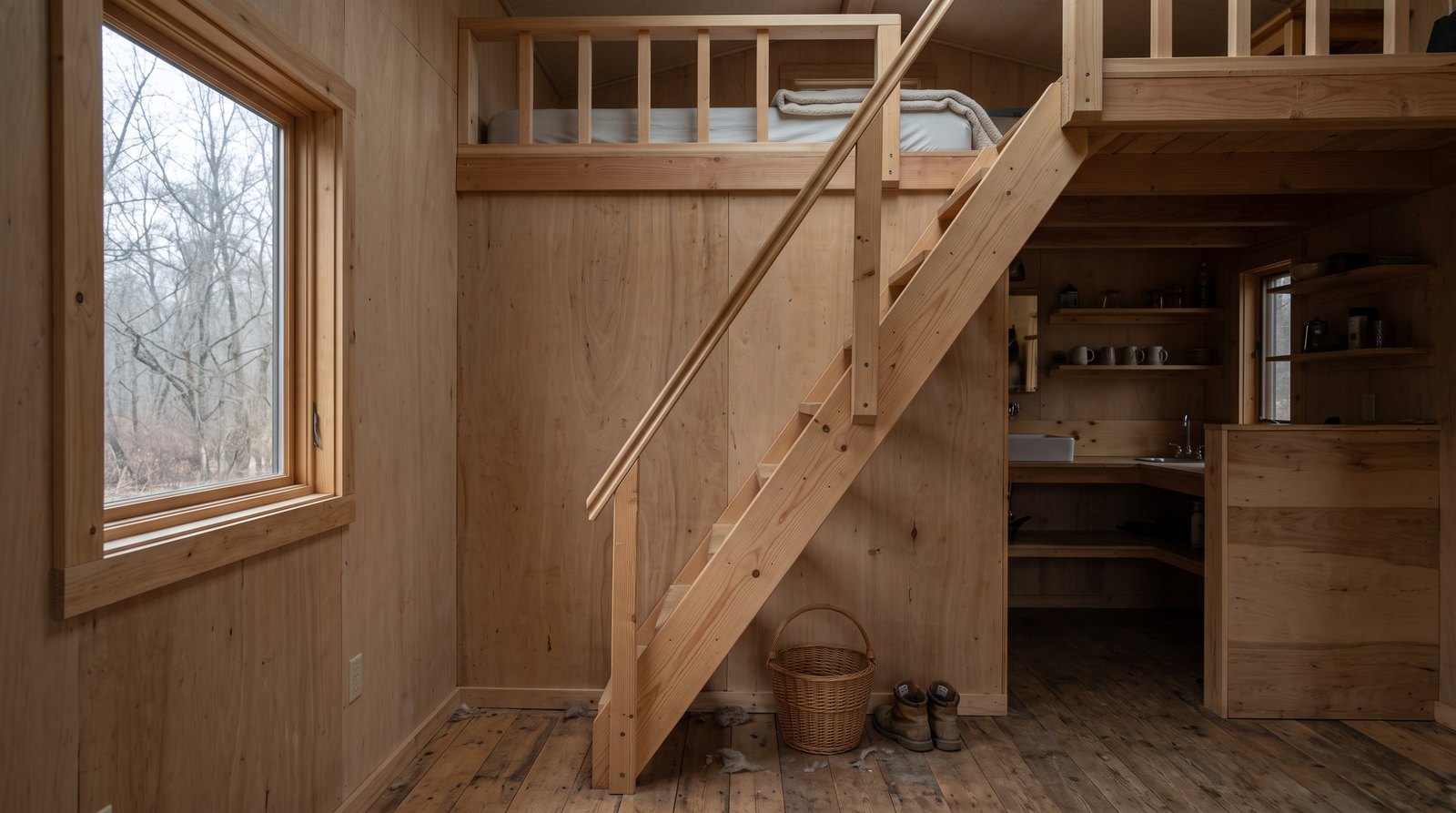 Wood ship ladder with a handrail leading to a tiny house sleeping loft