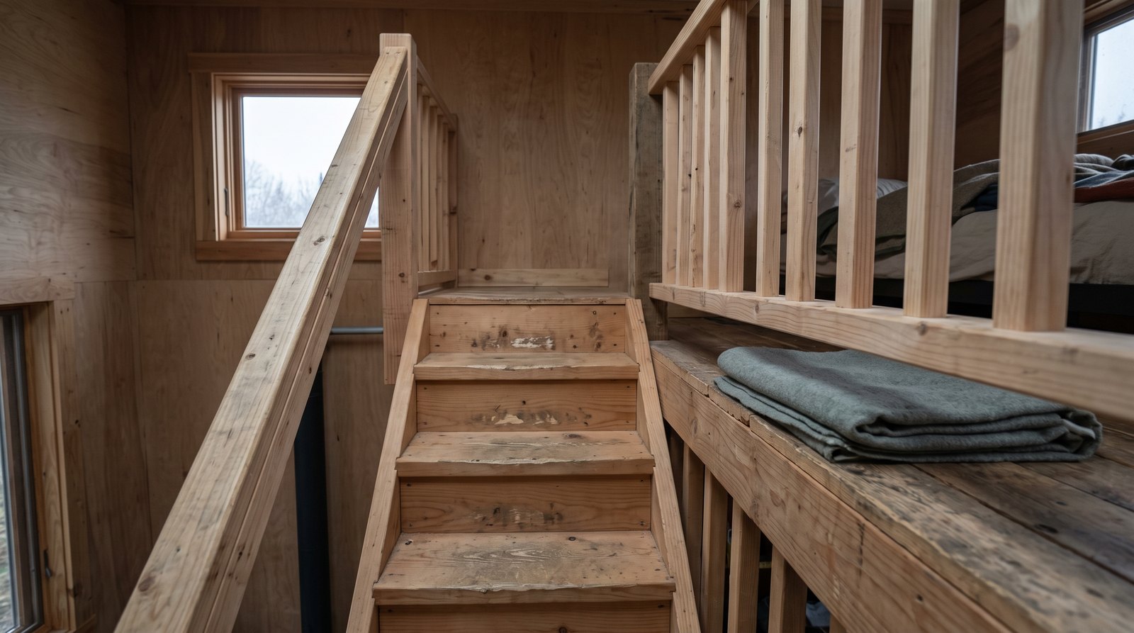 Upper tiny house stairs beside a wood loft guardrail and handrail