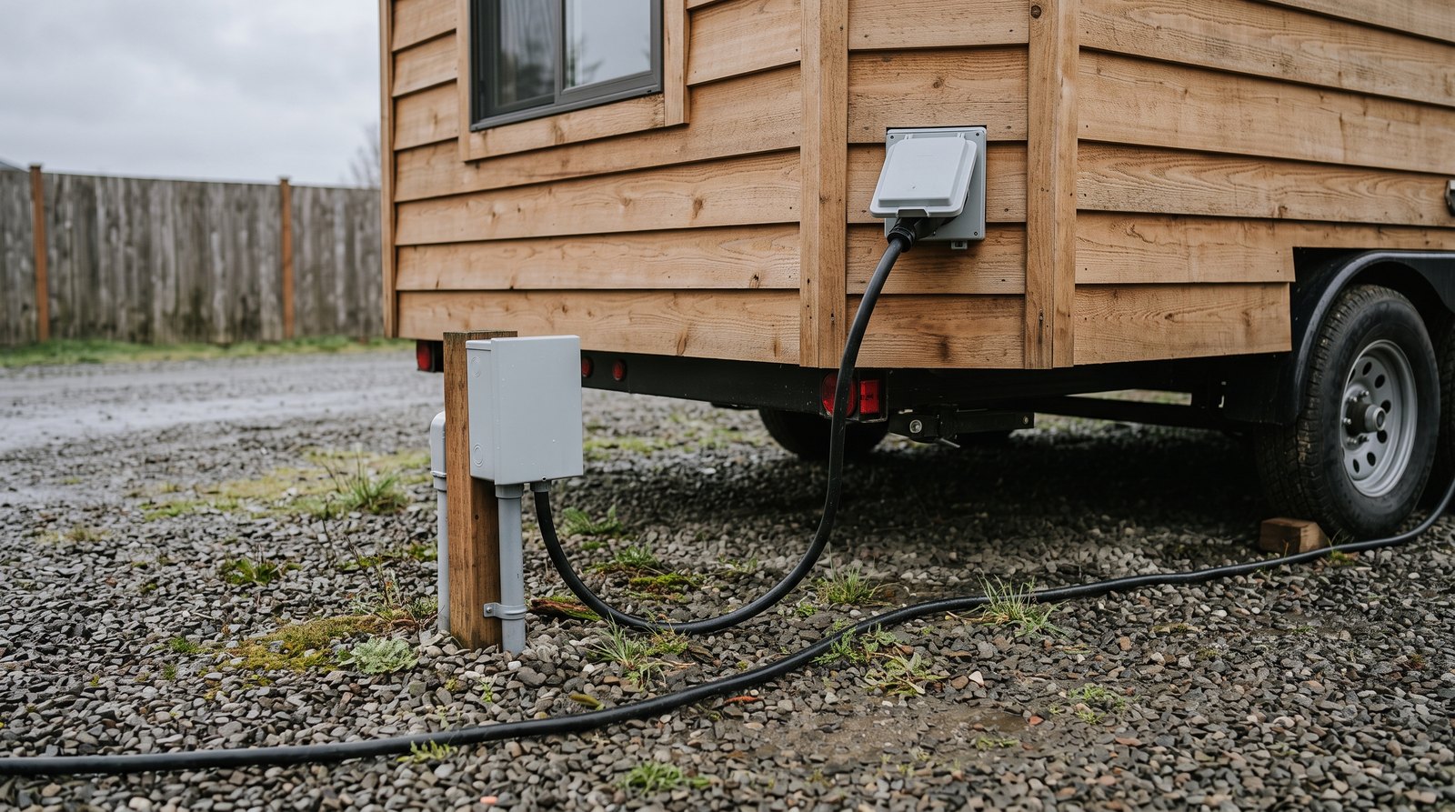 Shore power cord and weatherproof electrical equipment beside a tiny house on wheels