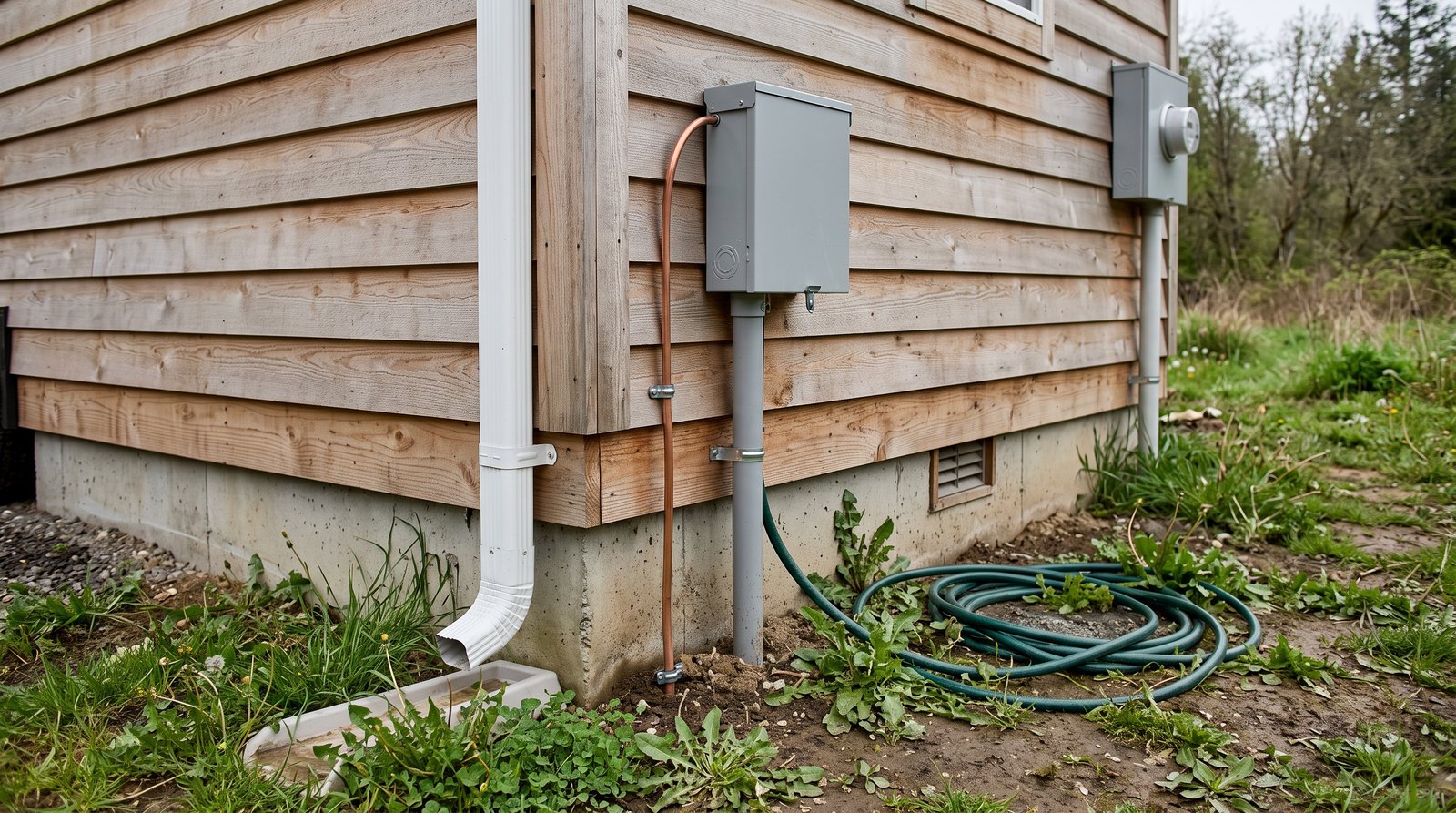 Grounding conductor and service equipment beside a foundation tiny house