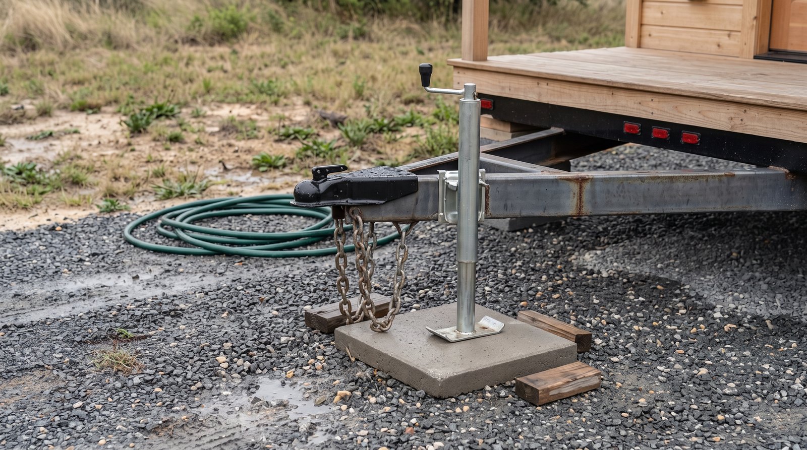Tiny house trailer tongue jack resting on a solid concrete pad