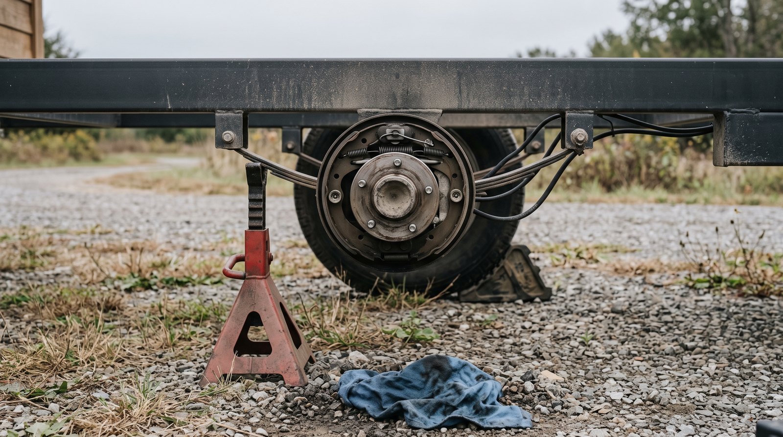 Exposed electric brake and hub assembly on a tiny house trailer
