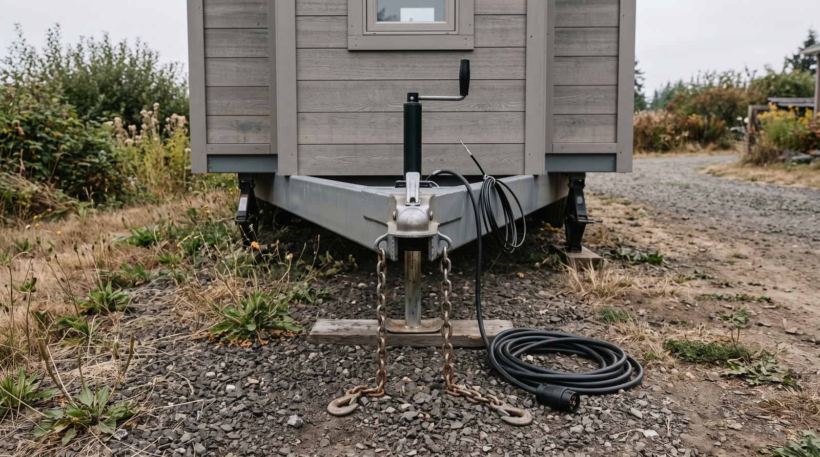 Trailer tongue, coupler, safety chains and electrical lead on a tiny house