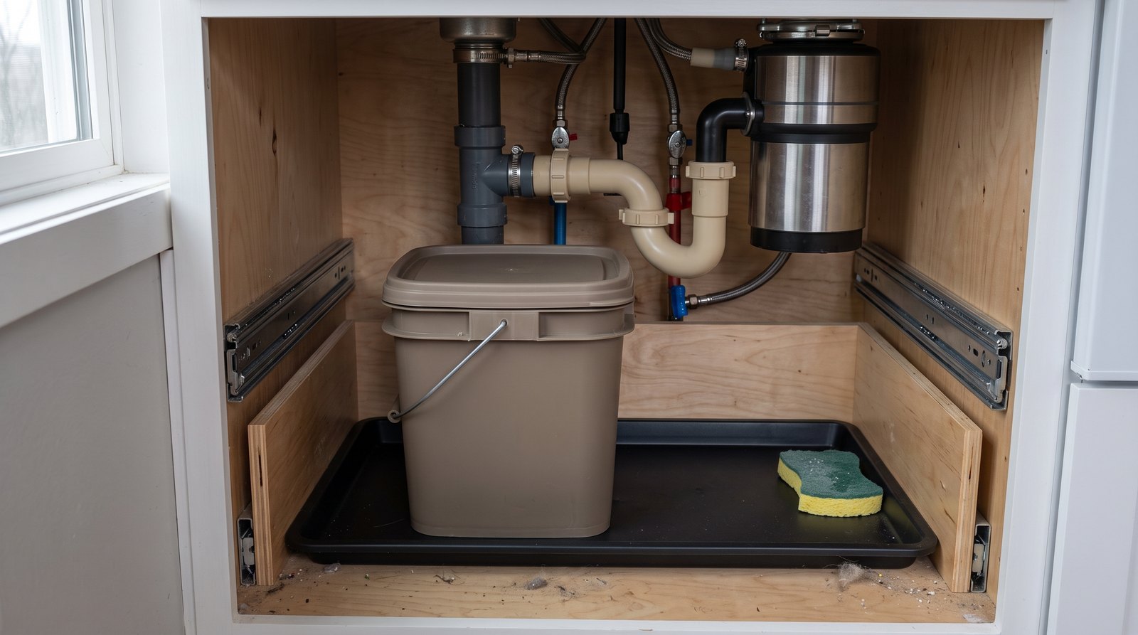 Compost caddy and leak tray beneath a tiny house kitchen sink
