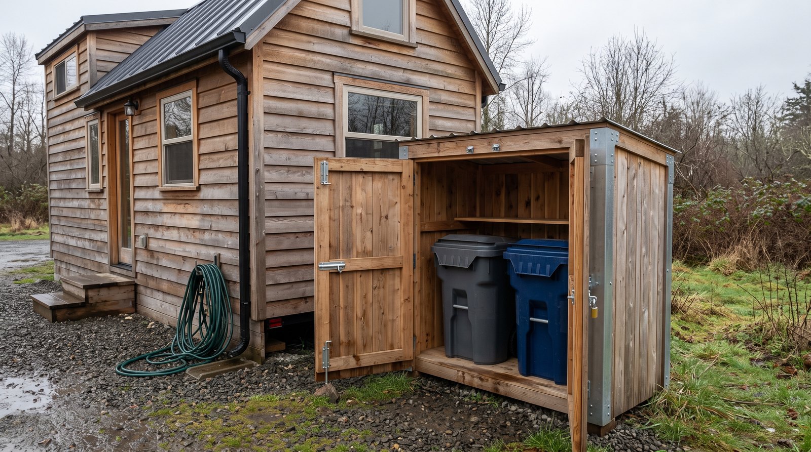 Secure outdoor waste storage box beside a tiny house