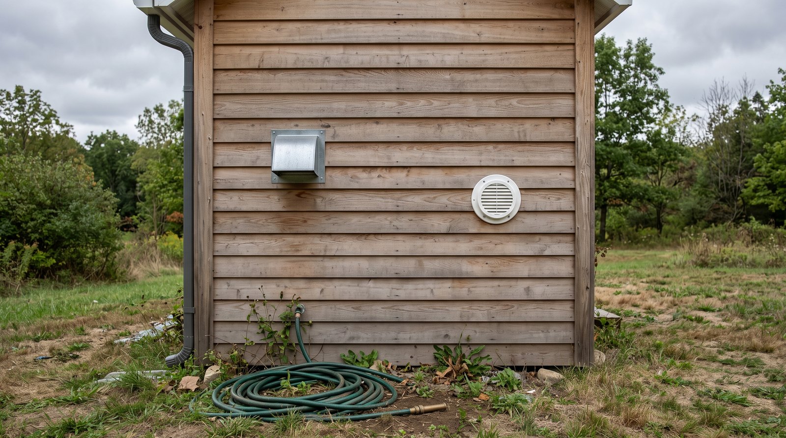 Fresh air intake and exhaust vents on a tiny house exterior wall