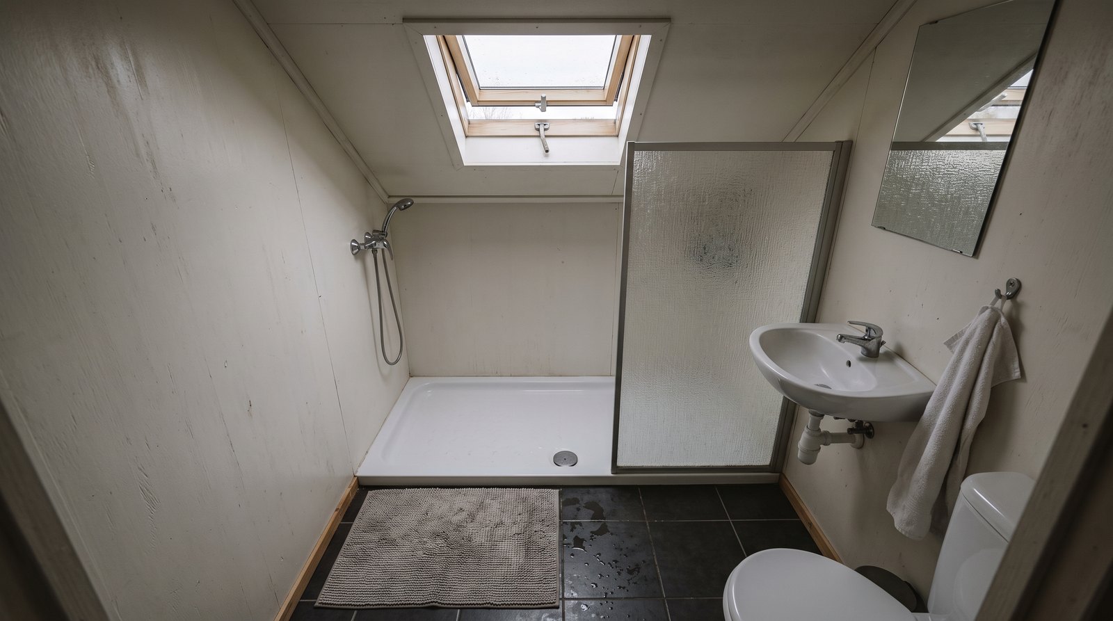 Open venting skylight above a compact tiny house bathroom