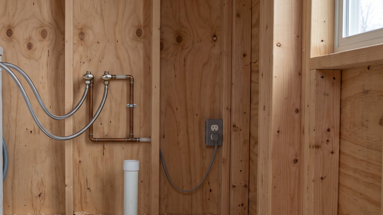Tiny house washer hookups with water hoses, drain standpipe, and receptacle
