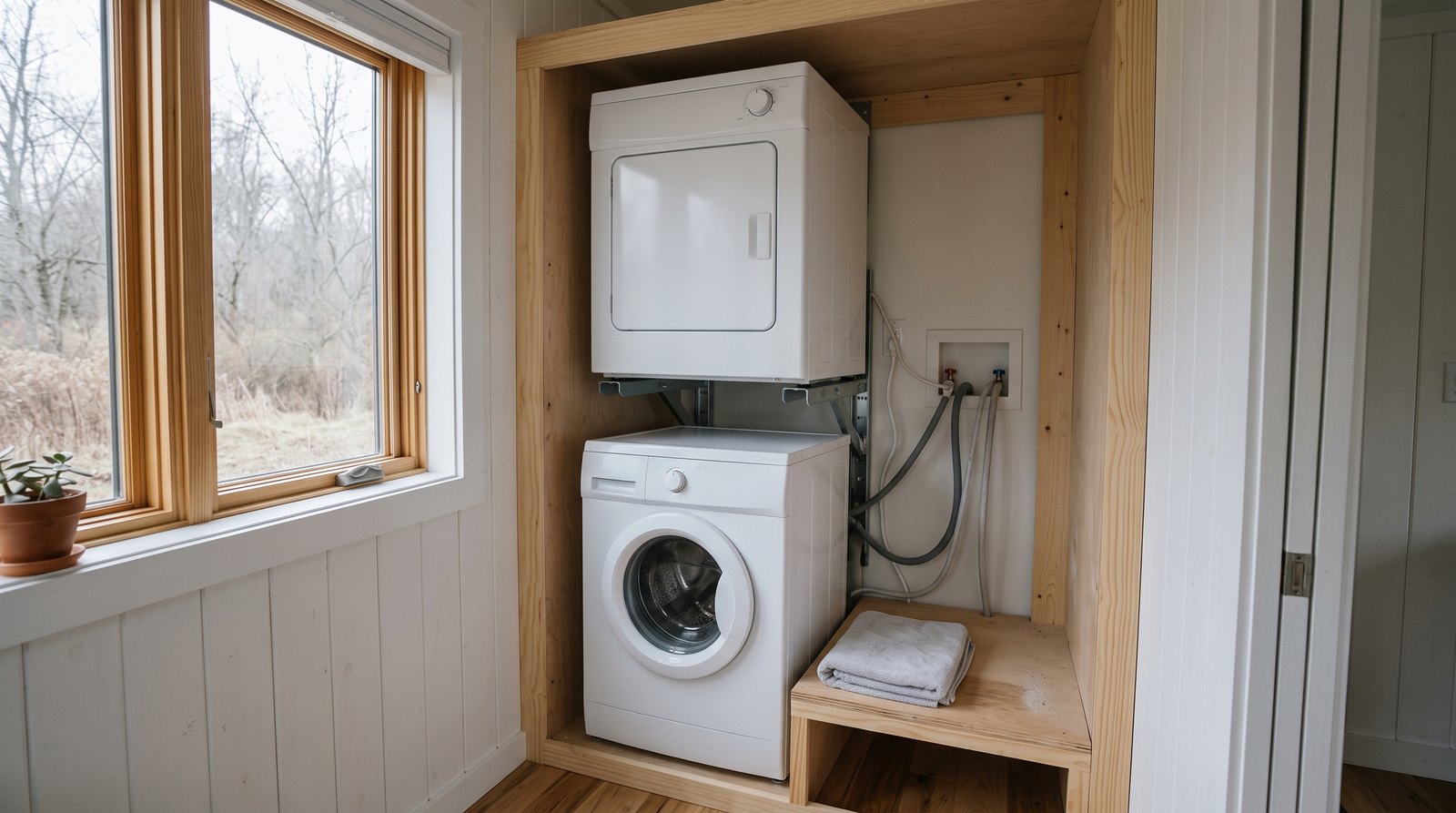 Compact dryer mounted above a washer in a tiny house laundry cabinet