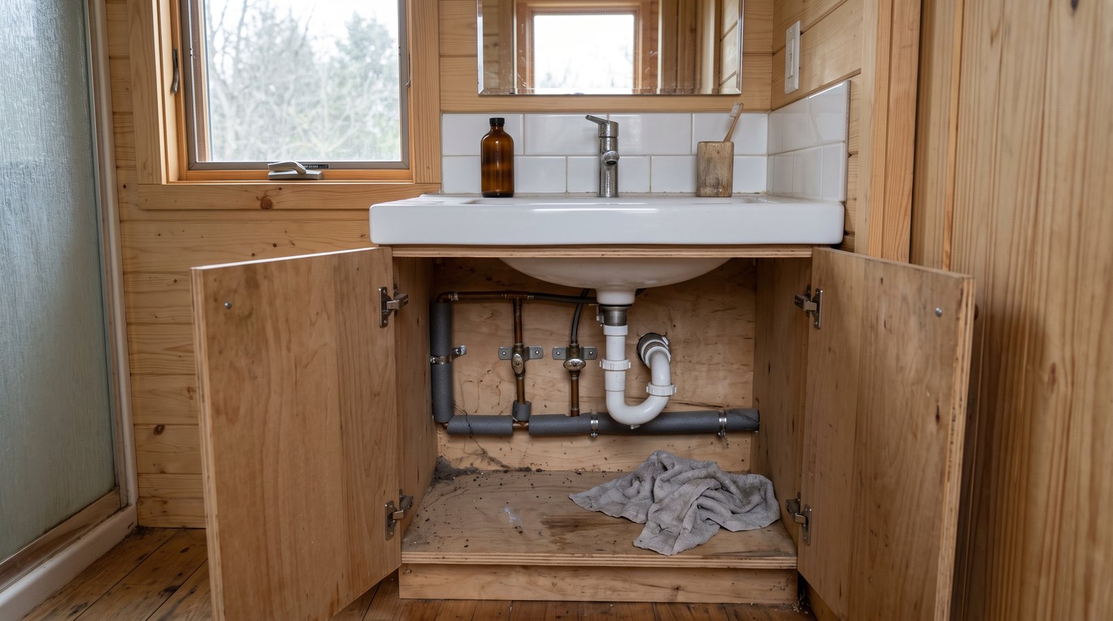 Hot water plumbing beneath a tiny house bathroom sink