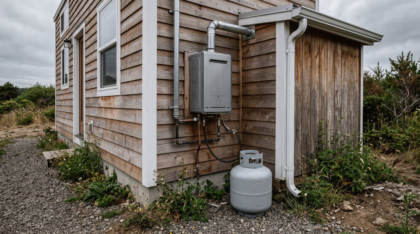 Propane tankless water heater mounted on a tiny house exterior