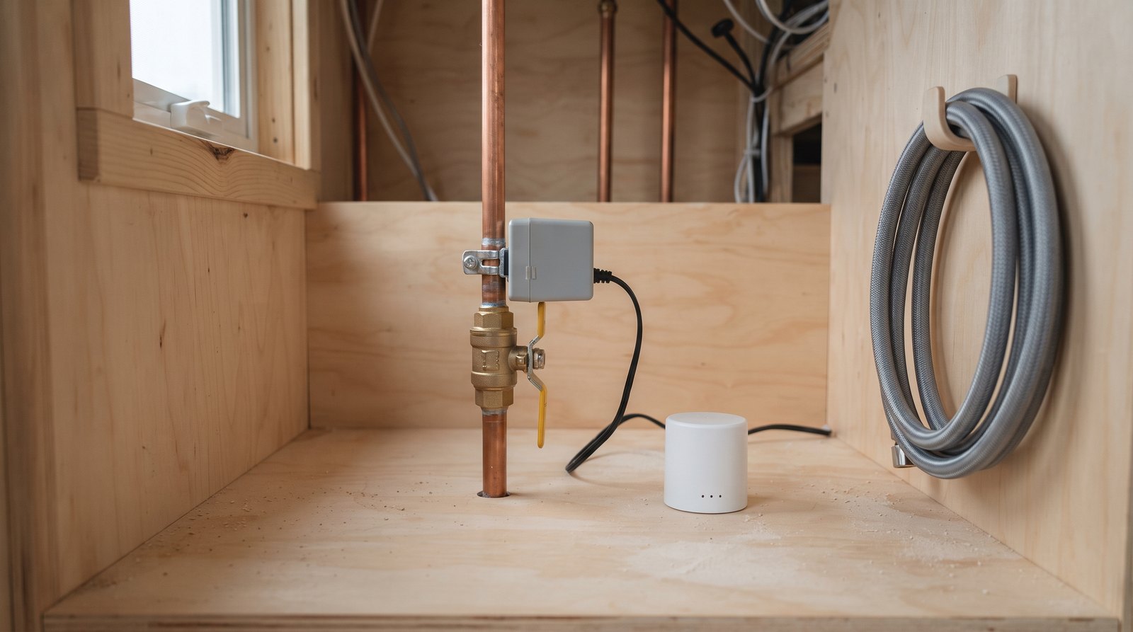 Automatic water shutoff valve and leak sensor in a tiny house utility cabinet