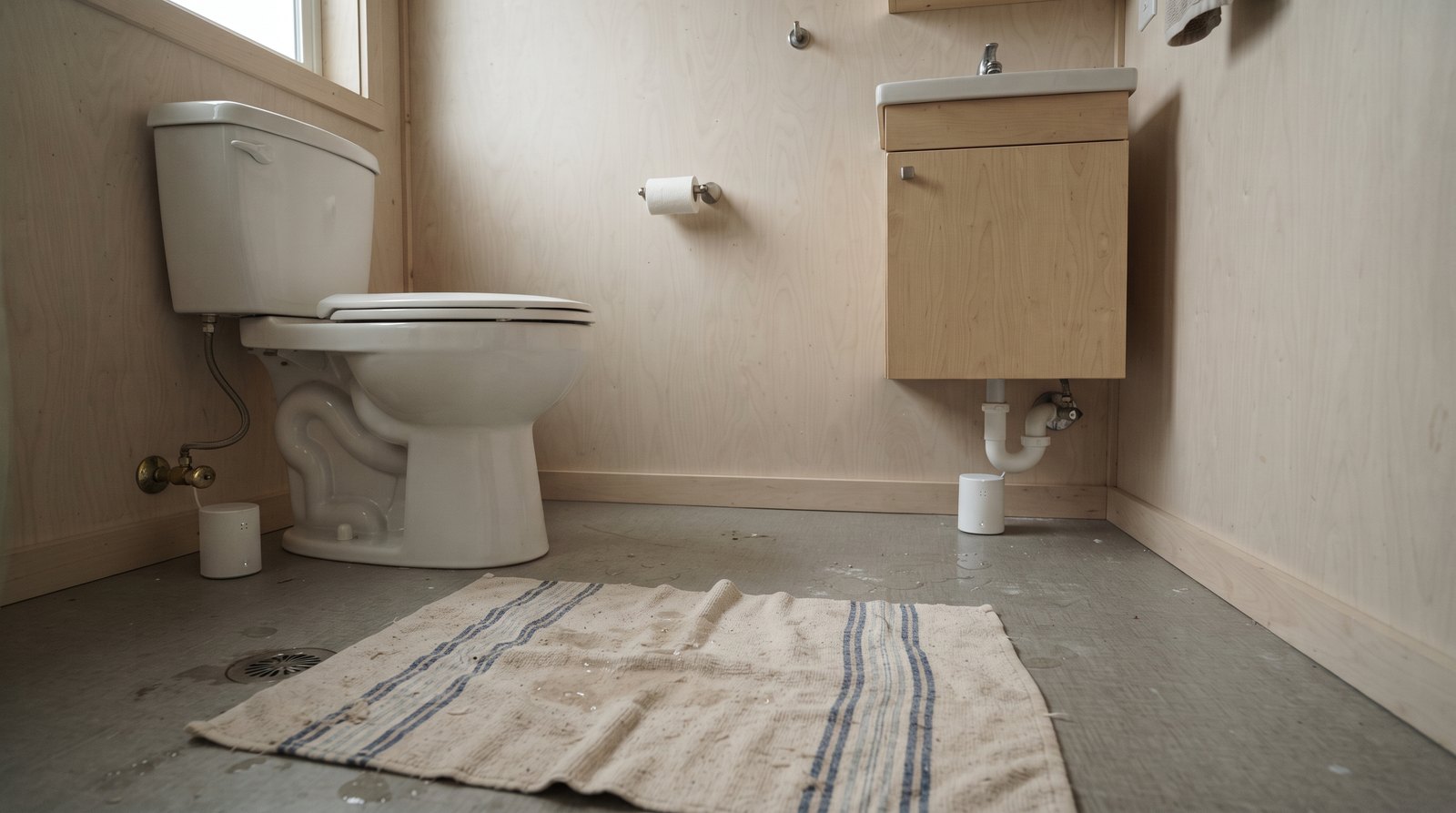 Water leak sensors beside a tiny house toilet and vanity