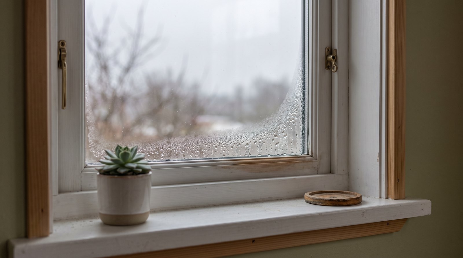 Condensation on the inside of a tiny house window on a cold morning