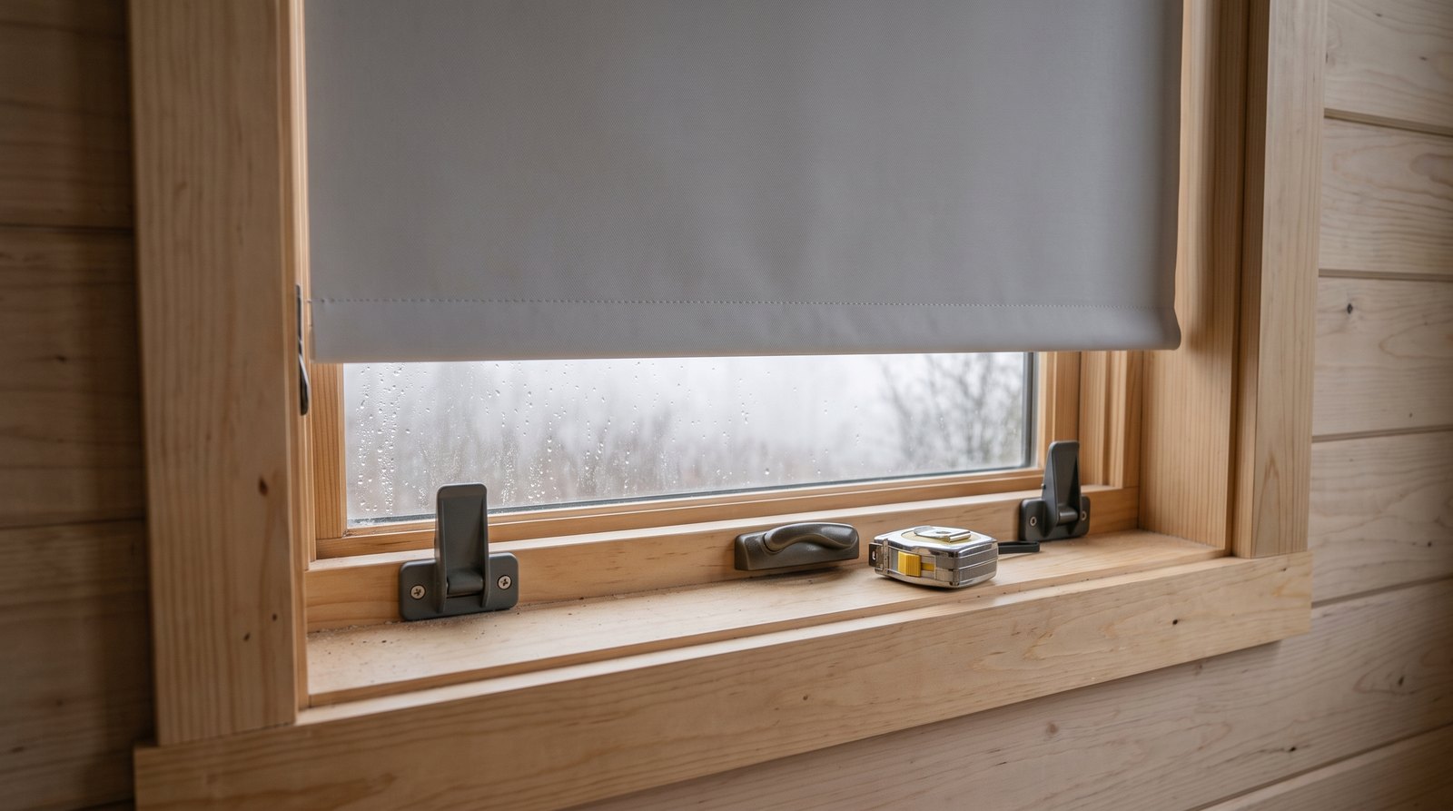 Roller shade and secure travel clips on a tiny house window