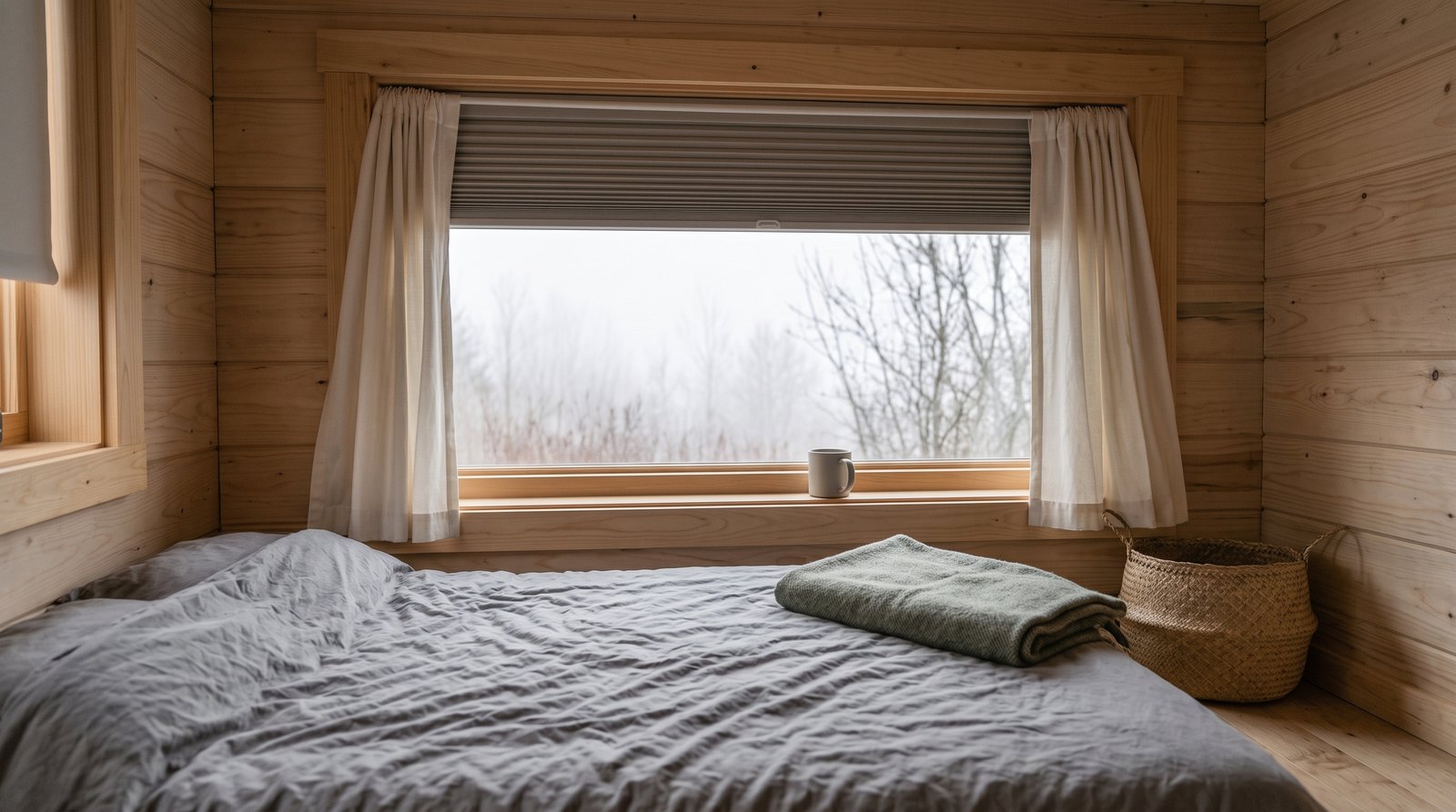 Tiny house bedroom window with curtains and a cellular shade