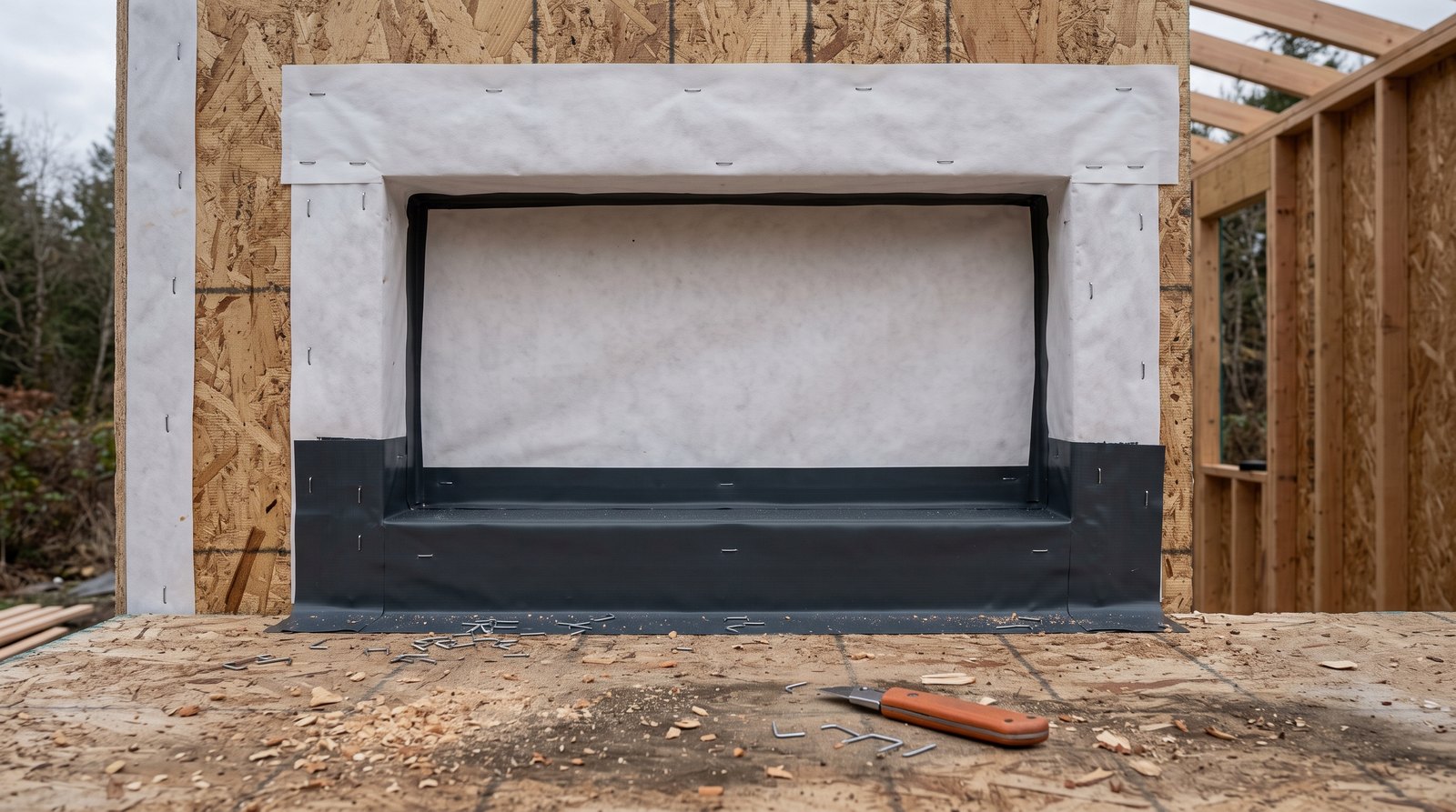 Window flashing tape around a rough opening on a tiny house under construction