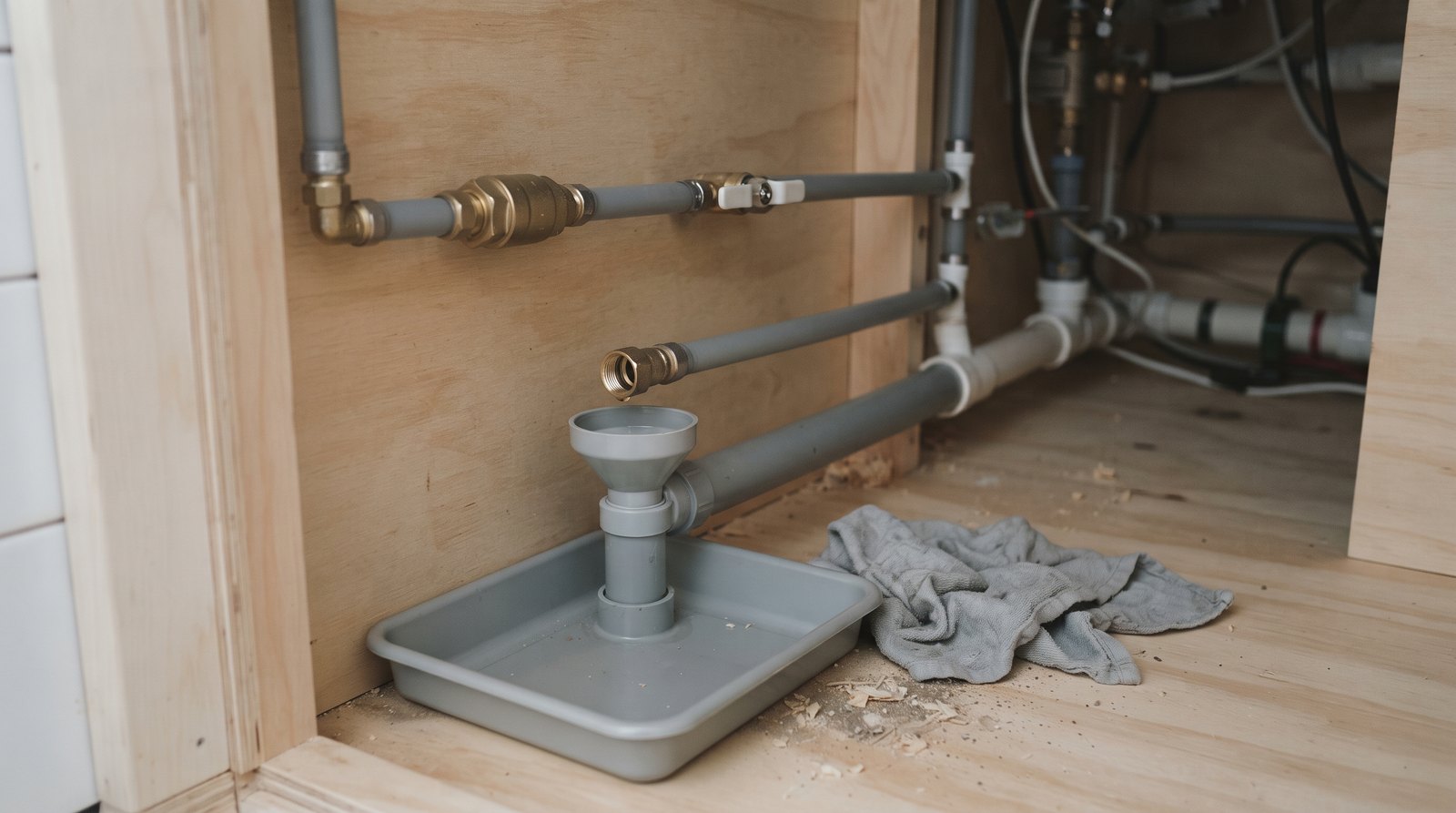 Potable-water fill line with check valve and air-gap drain in a tiny house plumbing compartment