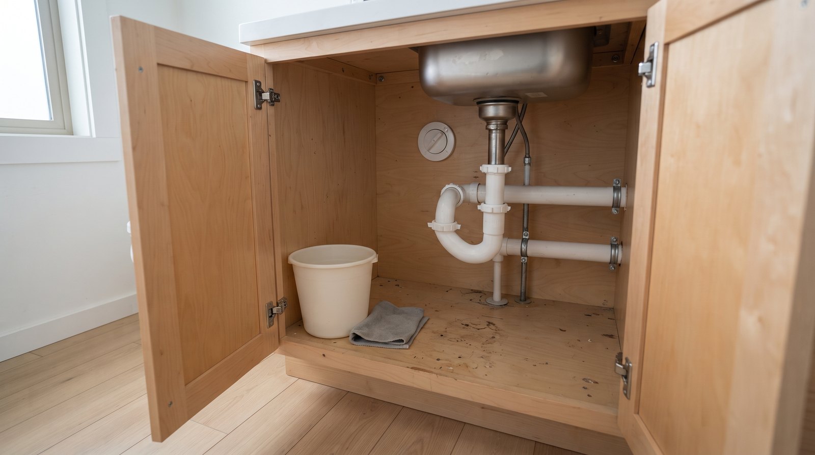 Drain trap and cleanout inside a tiny house bathroom vanity