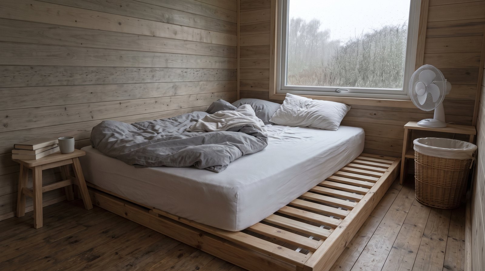 Ventilated tiny house bed with fan and wall clearance