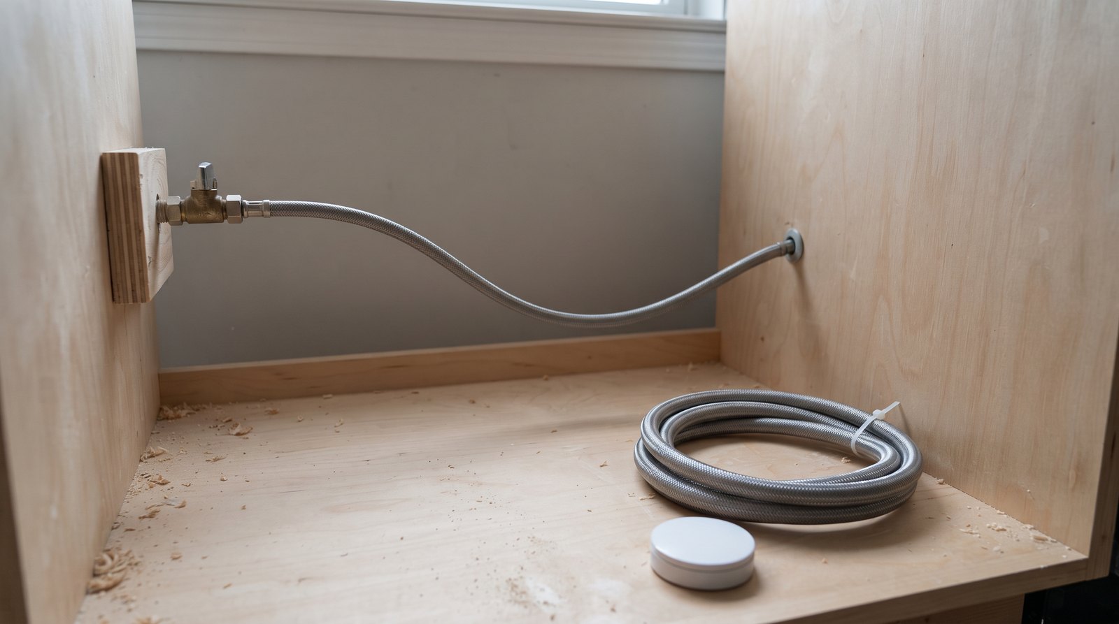 Dishwasher supply connector, shutoff valve and leak sensor in a tiny house service cabinet