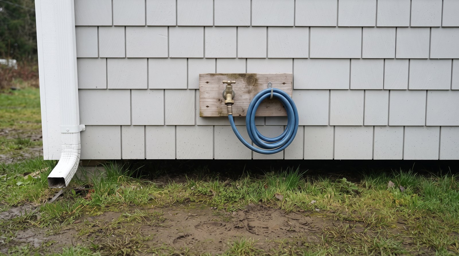 Hose-bib vacuum breaker on a tiny house exterior water connection