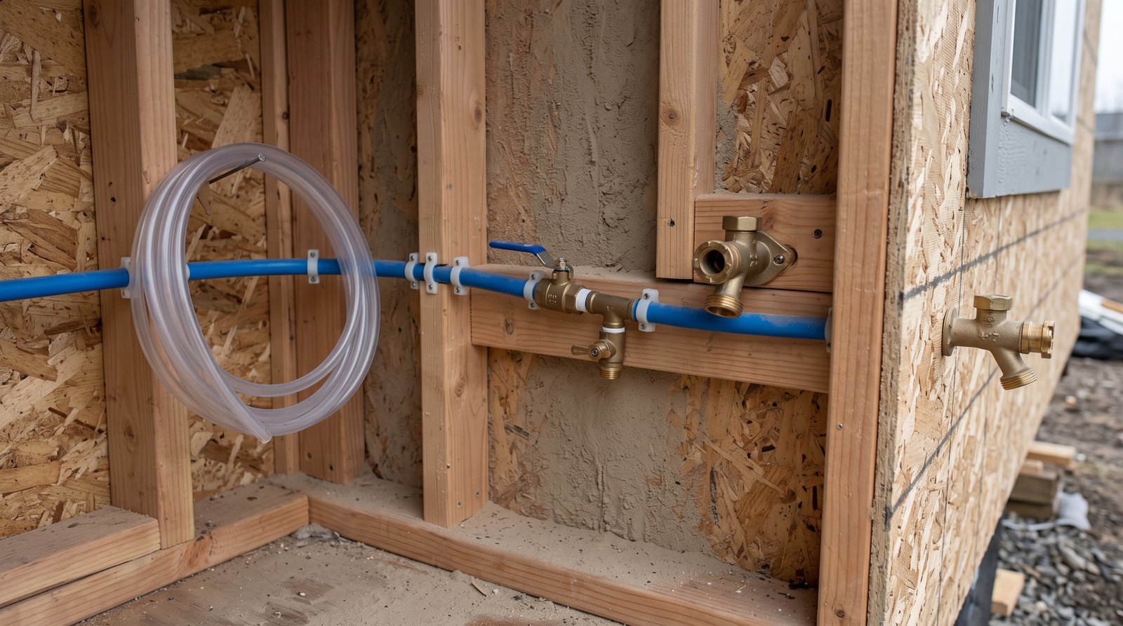 Tiny house utility bay with supported water lines, shutoff valve, drain point and exterior faucets