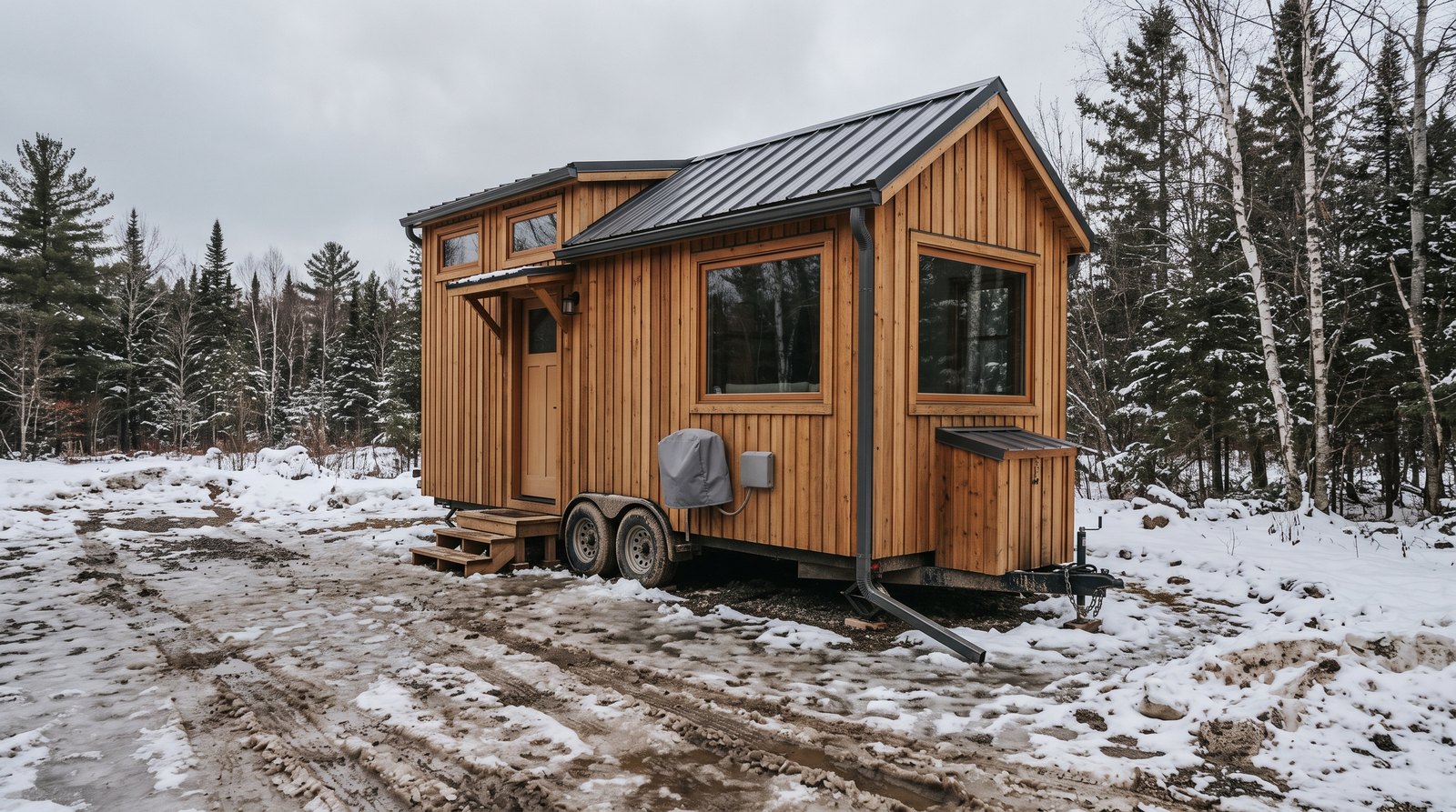 Tiny house on wheels in winter with an insulated exterior faucet cover and dirty melting snow