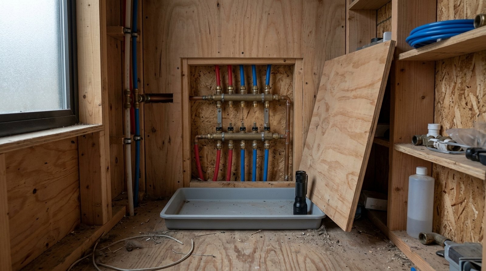 Tiny house plumbing manifold behind an access panel with a leak tray below