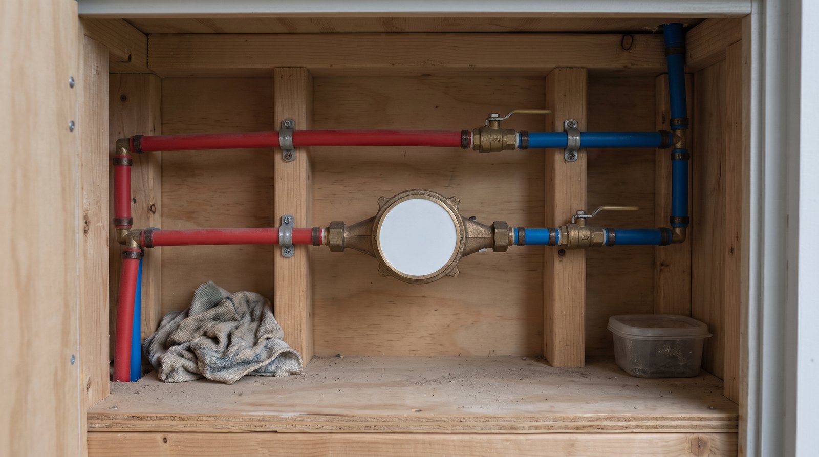 Mechanical water meter with a bypass line and supported PEX in a tiny house plumbing compartment