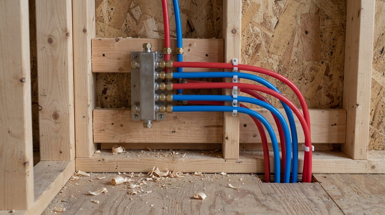 PEX plumbing manifold mounted to wood blocking during tiny house construction