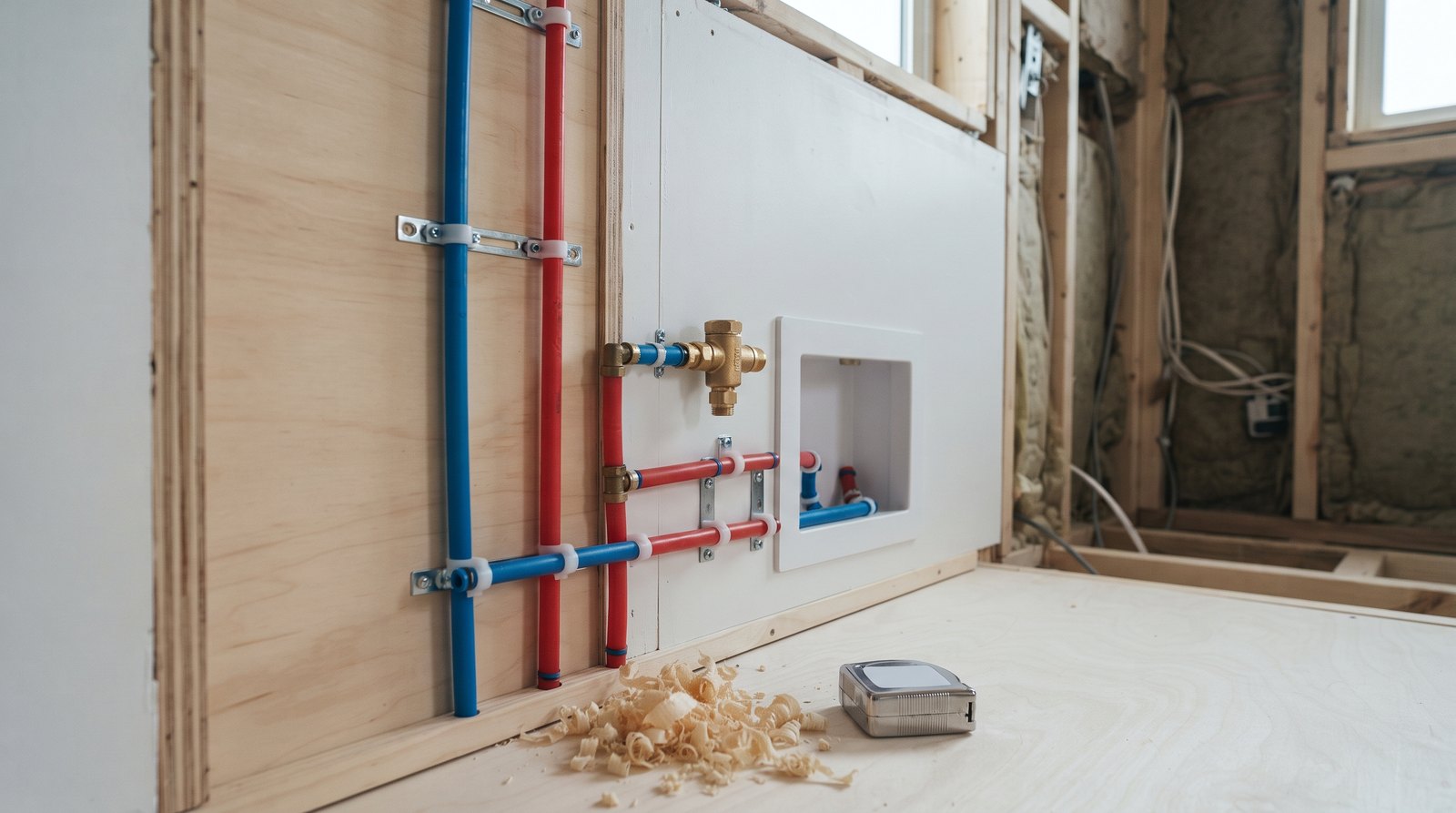 Supported PEX lines and water hammer arrestor near a tiny house washing machine valve box