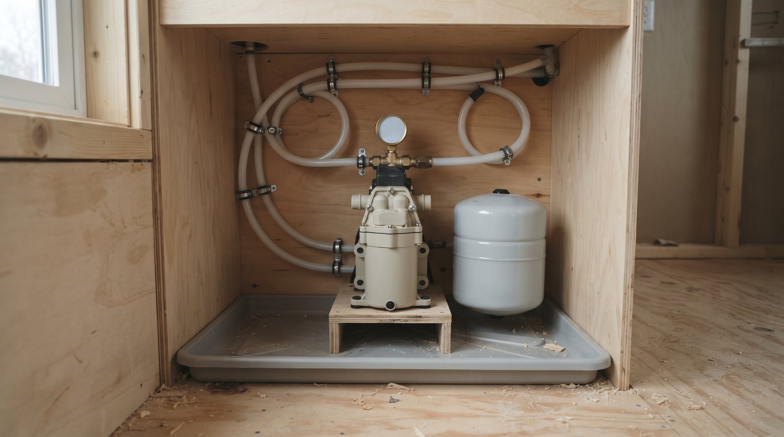 Tiny house water pump, accumulator tank and serviceable plumbing compartment