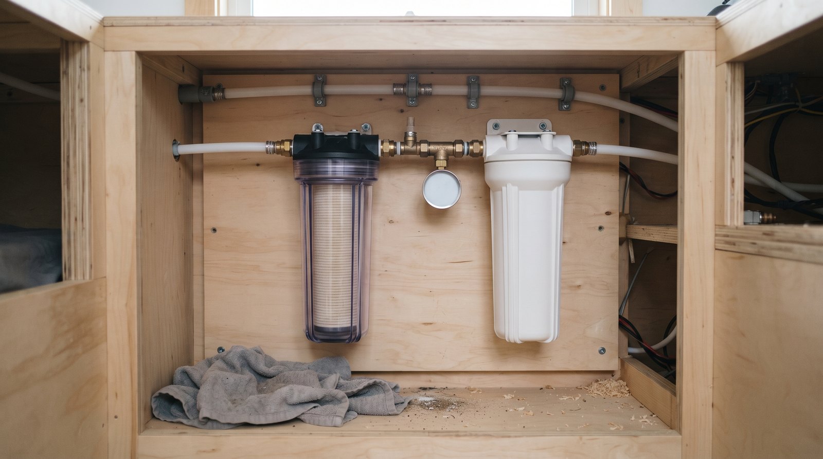 Sediment and carbon filters with supported PEX lines in a tiny house plumbing compartment